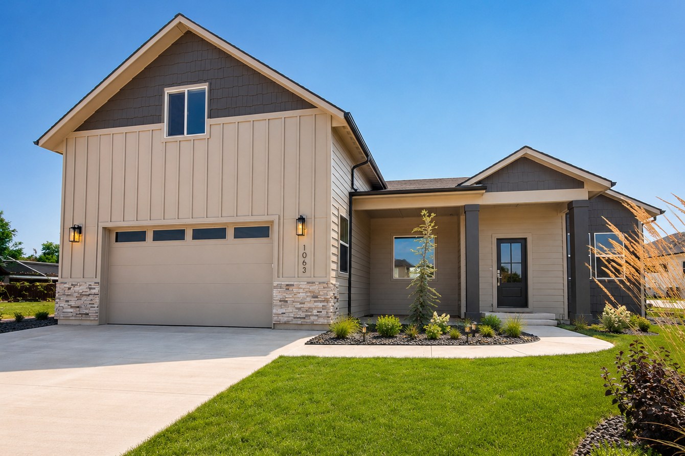 Craftsman Bungalow — front exterior with a two-car garage and the bonus room gable above it