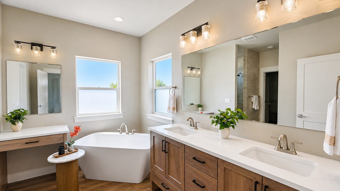 Primary bathroom in a finished New Beginning Homes house, with a freestanding tub and double vanity