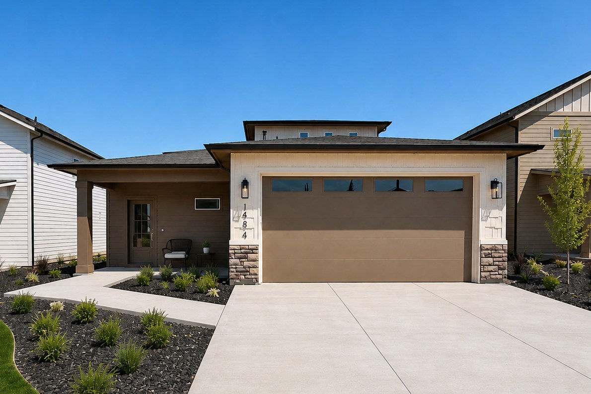 The Prairie — front exterior with a two-car garage and covered entry