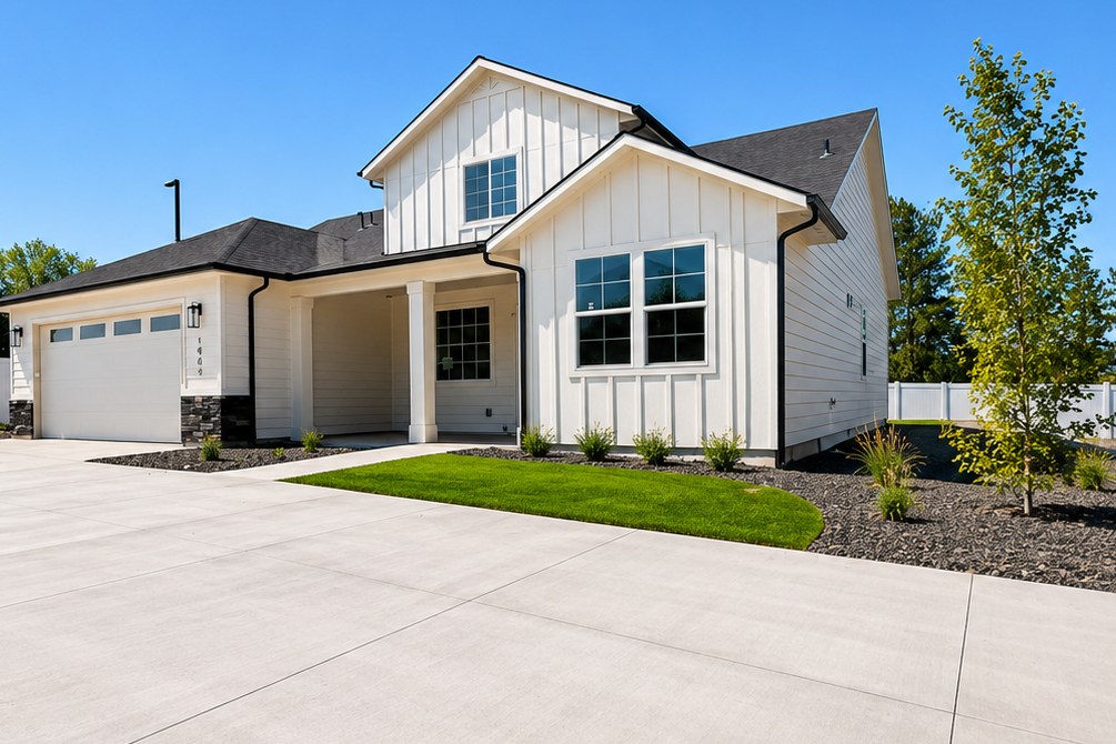 The Ranch — front exterior of a two-story home with a covered entry and two-car garage