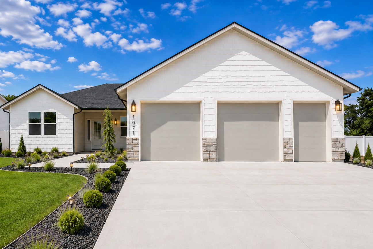Willows Bungalow — front exterior with a three-car garage and landscaped front yard